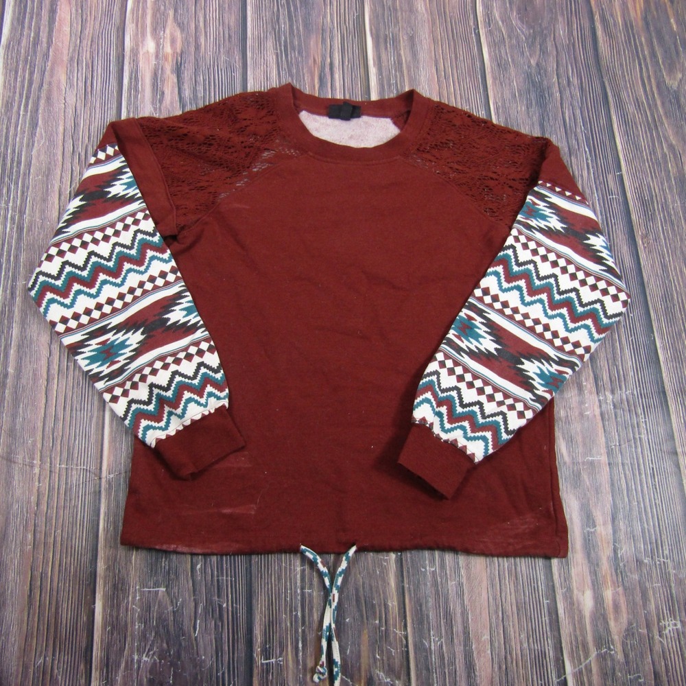 Shyanne Sweatshirt Mens M Maroon Southwestern Lace Crochet Drawstring Hem CL66-7